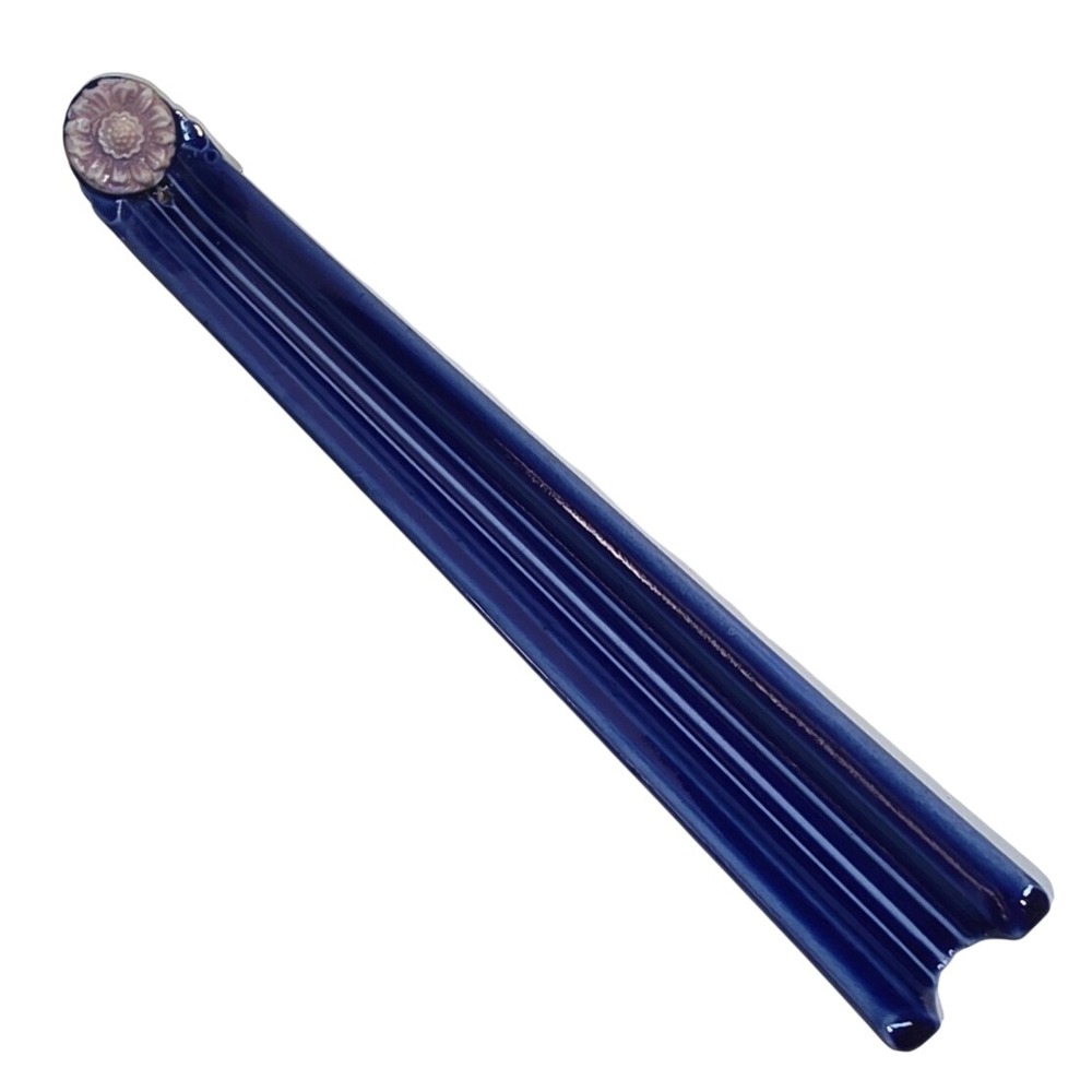 Artisan Ceramic Incense Burner Cobalt Blue Ribbed Boat Lavender Flower Medallion